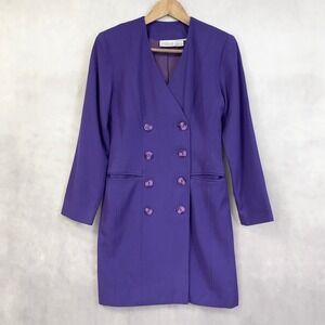 VTG 80s Nordstrom Womens Purple Blazer Dress Size 4 Power Suit Double Breasted